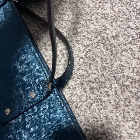 Coach Blue Pebbled Leather Tote Shoulder Bag Silver Logo Classic Everyday Purse - Picture 11 of 14